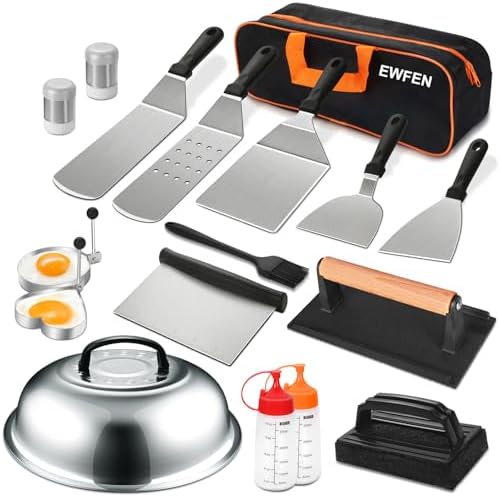 18PCS Griddle Accessories Kit, Flat Top Grill Accessories Set for Blackstone and Camp Chef, Grill Spatula Set with Enlarged Spatulas, Basting Cover, Scraper for Outdoor BBQ by EWFEN