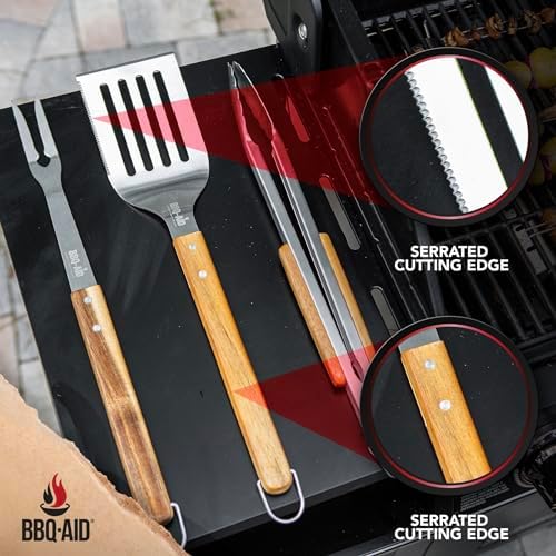 3 piece BBQ Grilling Accessories Set - BBQ Tongs Spatula Fork Set - Heavy Duty Stainless Steel Barbecue Grill Tools with Solid Hard Wood Handles Great Gift Set - Image 2