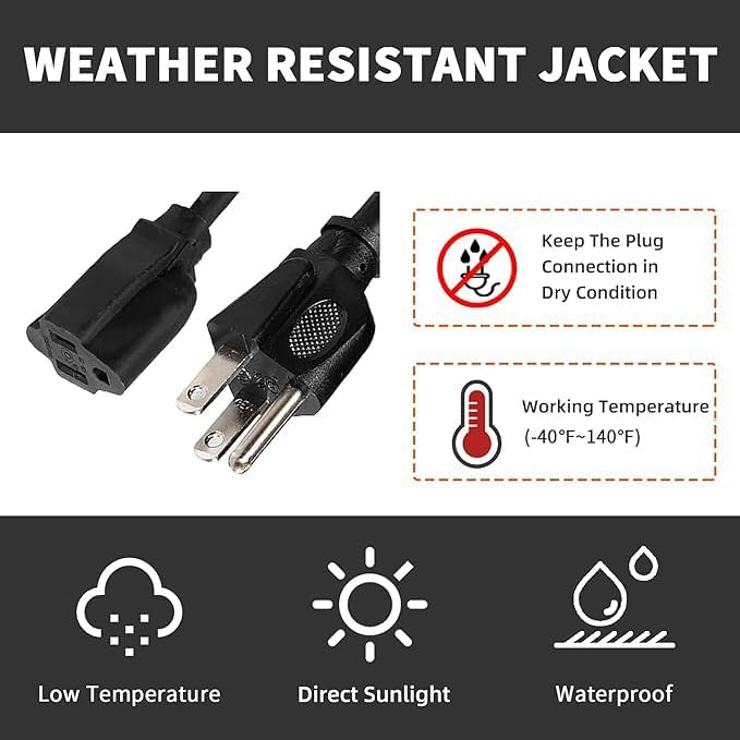 Indoor Outdoor Extension Cord Weatherproof, UL Certified, 12 Gauge 10FT Black 3 Prong Heavy Duty, 12/3 SJTW 15A Power Cord for Outdoor Lights, Appliances, Lawn