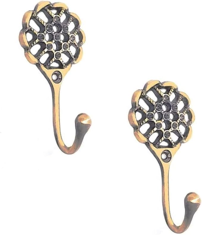 FAPBADRI Multipurpose Hooks, Used to Hang Clothes, Bags, Coats, Curtain Hold Backs, Keys, Colour - Antique Gold, Material - Brass, Mesh Design, Screws and Wallplugs Included, Pack of 2 Pieces