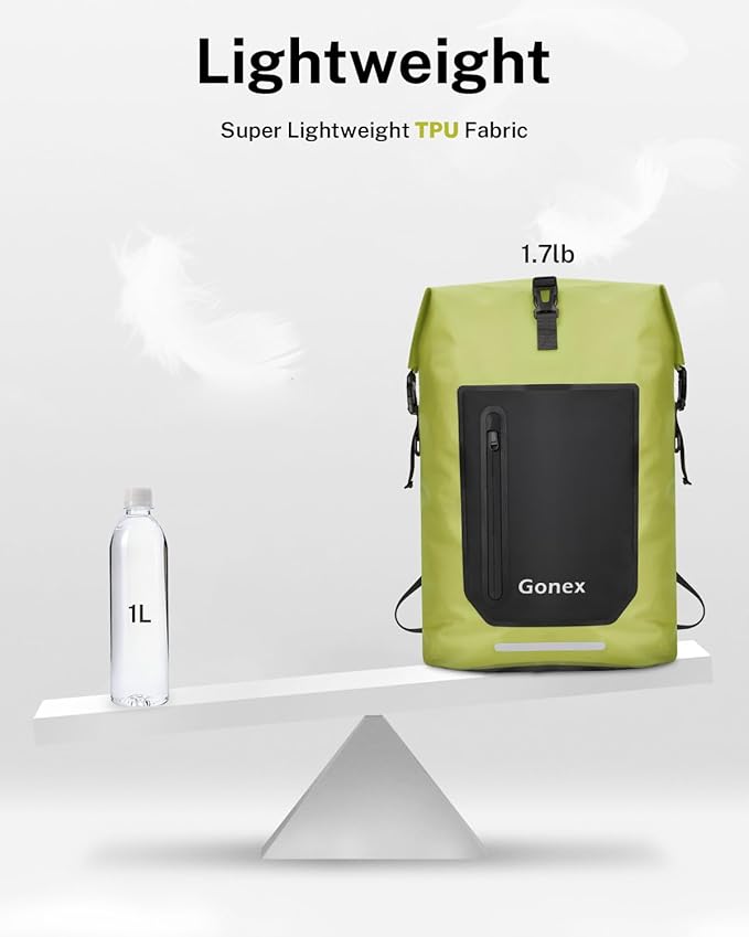Gonex Ultralight Waterproof TPU Backpack, 55L Roll Top Dry Bag with Comfortable Padded Back Panel for Kayaking Boating Camping Fishing Travel,Green