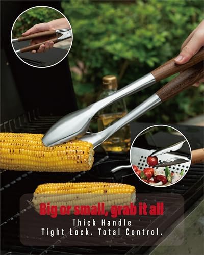 Heavy-Duty ​Dikela Wooden BBQ Grilling Tools Set. Extra Thick Stainless Steel Multi-Function Spatula, Fork & Tongs | Essential Accessories for Barbecue & Grill. Ideal Gift for Father - Image 4