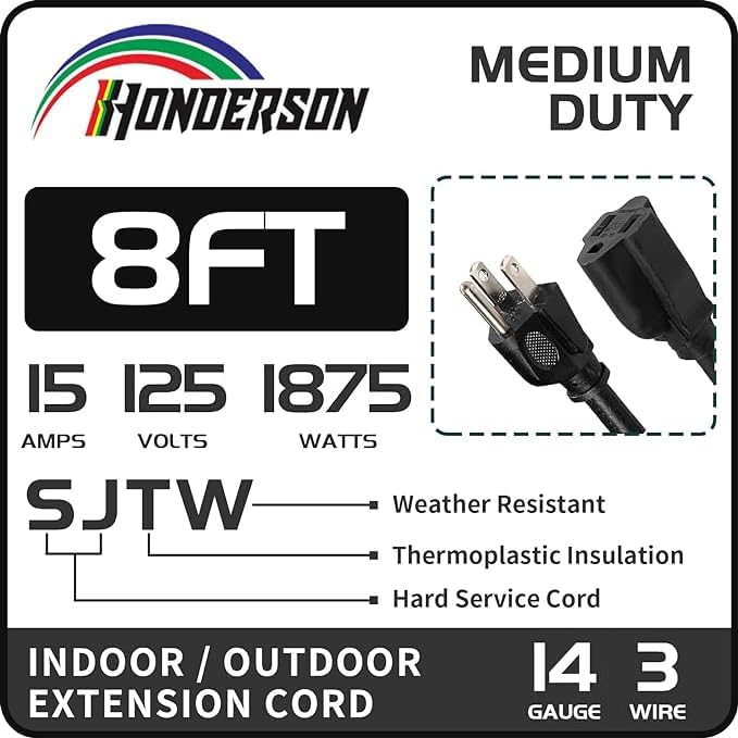 Indoor Outdoor Extension Cord Weatherproof, UL Certified, 14 Gauge 8FT Black 3 Prong Heavy Duty, 14/3 SJTW 15A Power Cord for Outdoor Lights, Appliances, Lawn