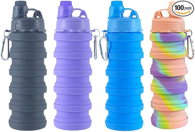 Collapsible Water Bottles 4 pack Travel Water Bottle Portable Hiking Water Bottle with Leak proof Twist Cap 500ML Reusable BPA Free Silicone Water Bottles. (Black+Purple+Blue+Pink)