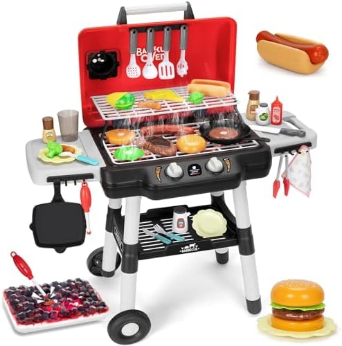 Kids Play Kitchen Toys, Kids BBQ Grill Playset with Smoke Sound Light, 2-Layer Barbecue Toy with Wheels, Outdoor Play Food Toys Cooking Set for Toddlers 3-5, Birthday for Boys Girls by TooyBing