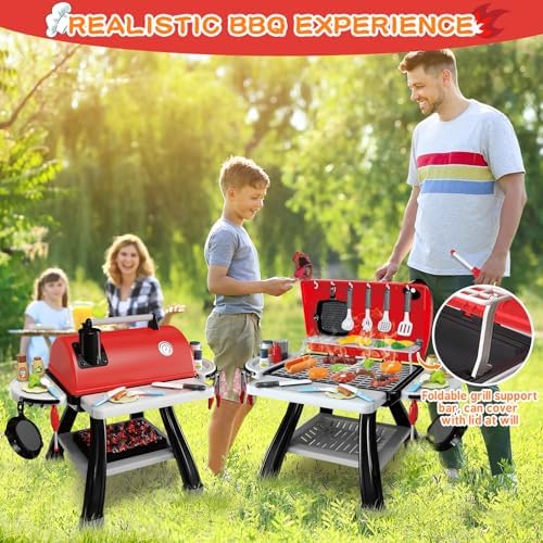 Kids Play Kitchen Toys, Kids BBQ Grill Kitchen Playset with Smoke, Sound & Light, Play Food Toys Cooking Set, 2-Layer Barbecue Outdoor Play Grill Toy Gift for Toddler Boys Girls 3-5 - Image 4