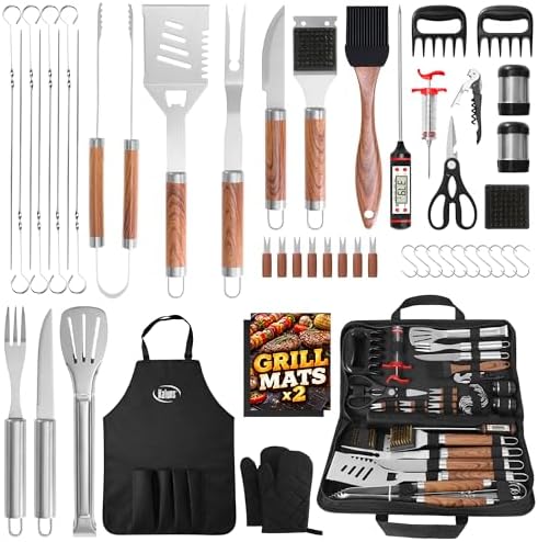 Kaluns 50PC BBQ Grill Tools Set – Heavy Duty Stainless Steel Grill Accessories Kit with Case, Apron, Hooks, Thermometer, Injector, Claws & Mats – Fathers Day Gift for Dad, Men by Kaluns%C2%AE