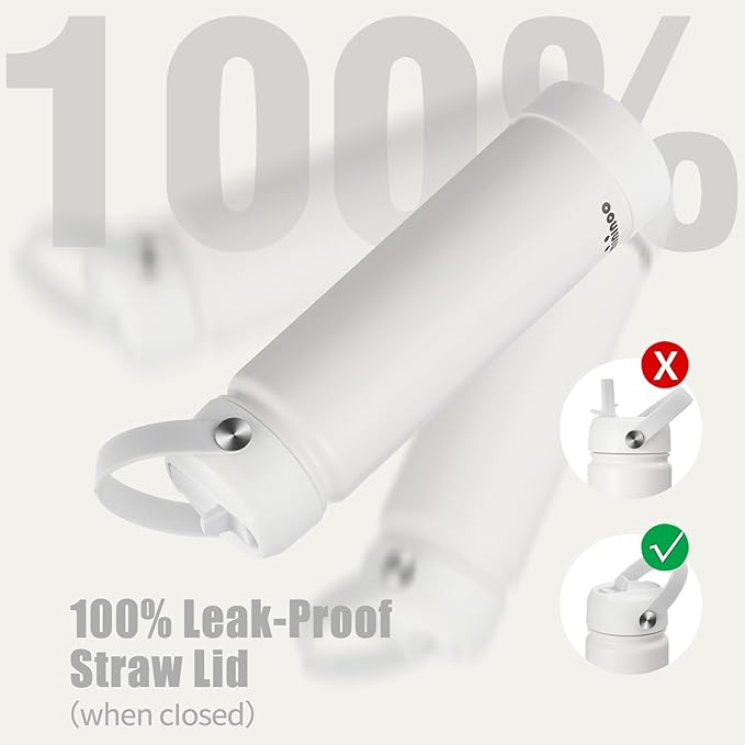 mininoo Insulated Stainless Steel Water Bottle with Straw and Lid for Sports, 24 oz, White