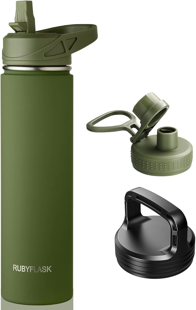 RUBYFLASK 24oz Insulated Water Bottle with Straw, Stainless Steel Metal Vacuum Water Flask, Large Thermal Water bottle with Leakproof 3 Lids for Travel, Camping, Gym Sports Armygreen