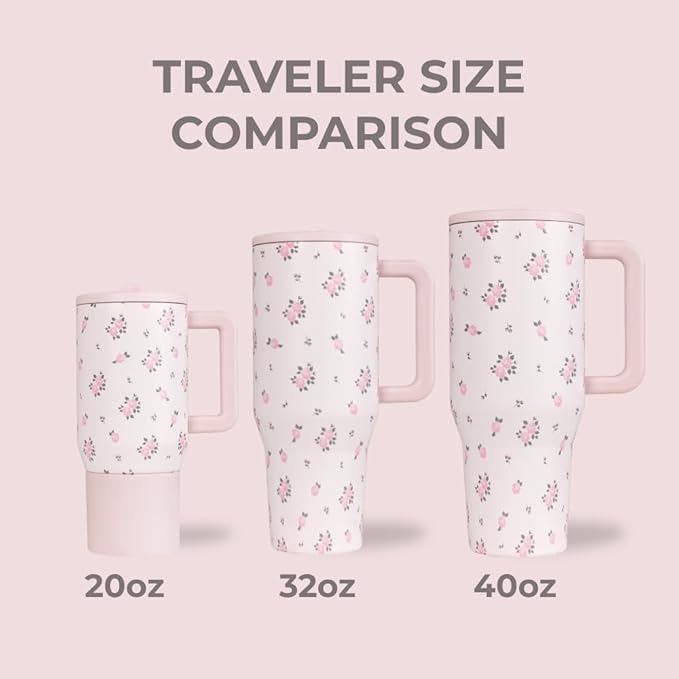 HydroJug Traveler - 32 oz Water Bottle with Handle & Flip Straw - Fits in Cup Holder, Leak Resistant Tumbler-Reusable Insulated Stainless Steel & Rubber Base - Gifts for Women & Men, Wildrose