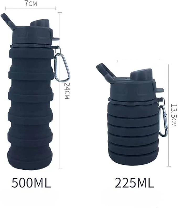 Collapsible Water Bottles 2 Pack Silicone Water Bottle with Carabiner Expandable Water Bottle 500ml Portable Sport Water Bottle for Travel Camping.(Black+Blue)