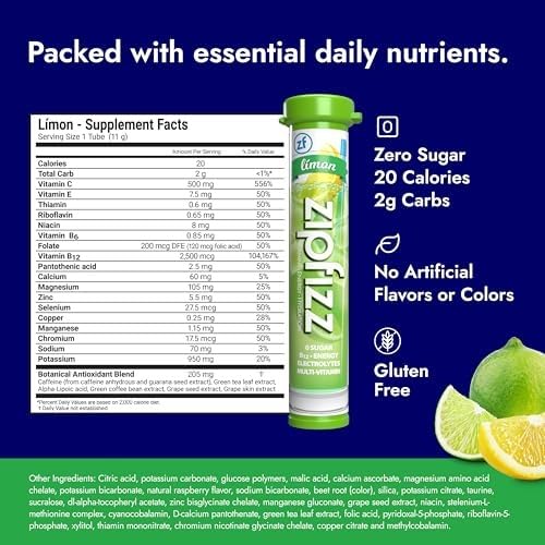 Zipfizz Daily Energy Drink Powder, Limon, 20 Pack | 3-in-1 Sustained Energy, Rapid Hydration, and Essential Vitamins | Sugar-Free | Electrolyte Powder | Contains Vitamin B-12 & Antioxidants