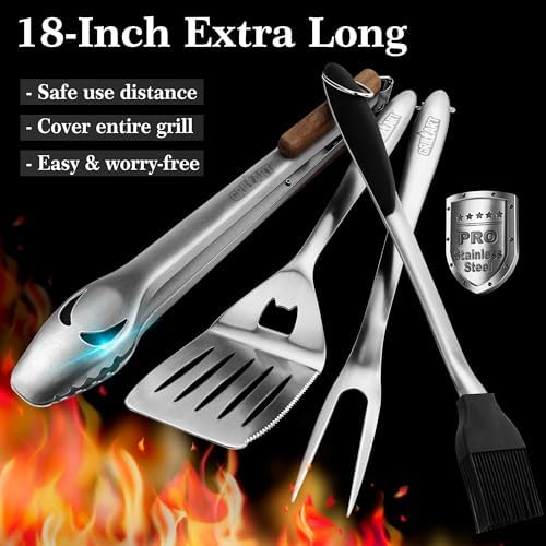 GRILLART BBQ Tools Grill Tools Set -18Inch Grilling Tools BBQ Set - Grill Accessories w/BBQ Tongs, Spatula, Fork, Brush- Stainless Grill Kit Grilling Set - Gift Ideas BBQ Accessories Gifts for Men Dad - Image 2