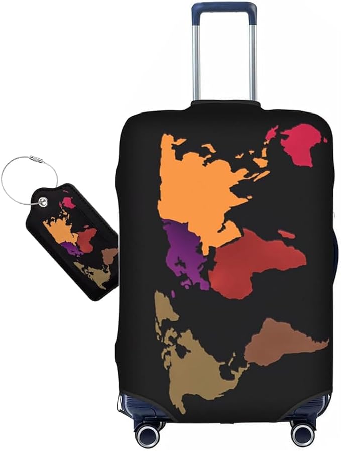 World Map Luggage Cover for Suitcase and Luggage Tag Combination, Elastic Washable Anti-Scratch Protector, Travel Birthday Gift for Men Women (L 26-28 Inch Luggage)