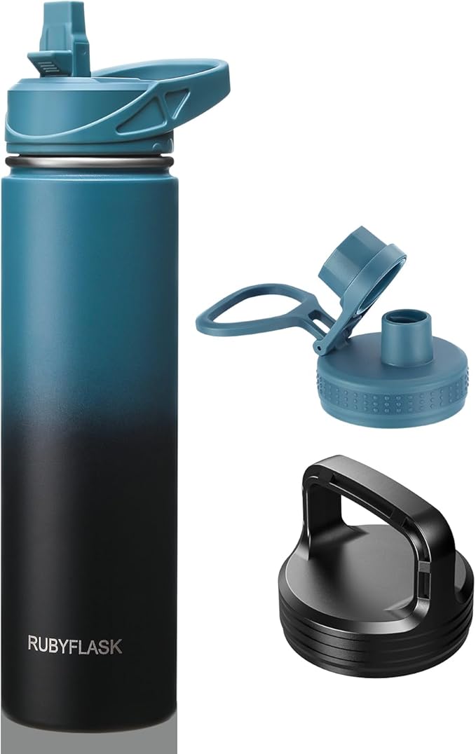 RUBYFLASK 24oz Insulated Water Bottle with Straw, Stainless Steel Metal Vacuum Water Flask, Large Thermal Water bottle with Leakproof 3 Lids for Travel, Camping, Gym Sports Indigo Black