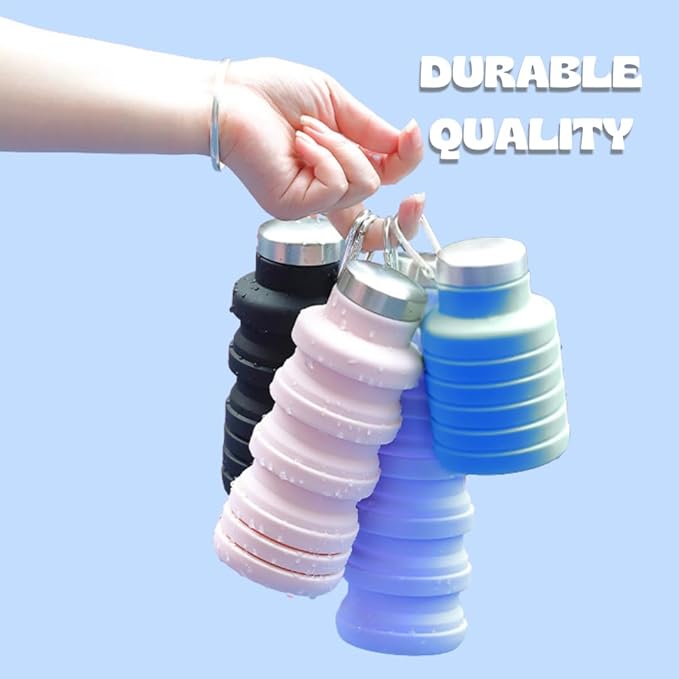Vnek Portable Collapsible Water Bottle - Lightweight Silicone Bottle 500ml, BPA-Free, Leak-Proof and Foldable for Gym, Travel, Hiking, Camping, and Everyday Use (Blue)