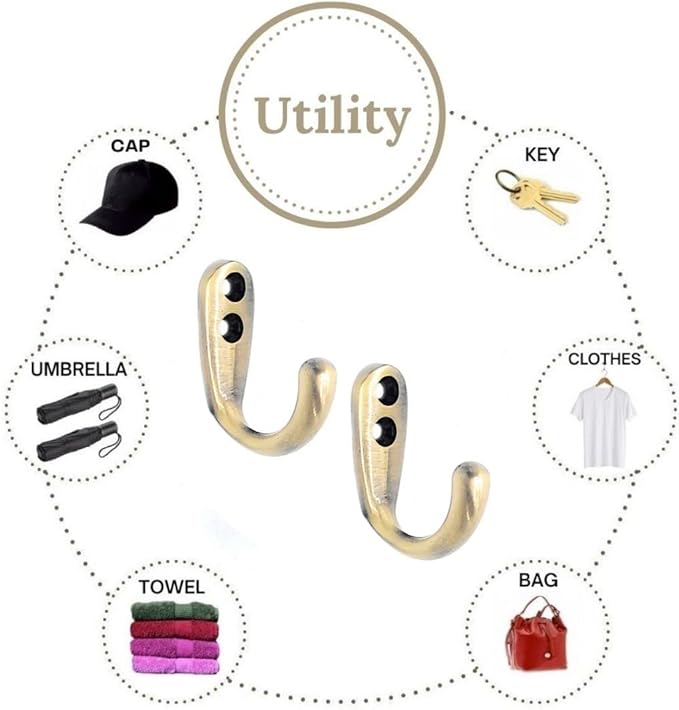 FAPBADRI Multipurpose Hooks, Used to Hang Clothes, Bags, Coats, Curtain Hold Backs, Keys, Antique Gold Colour, Material - White Metal, Screws and Wallplugs Included, Pack of 10 Pieces