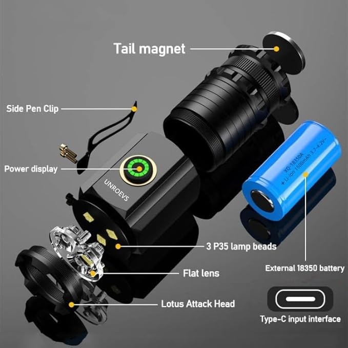 UNROEVS Mini Flashlight 2550 Lumens Rechargeable USB C Charging, Small Flashlights High Lumens 5 Modes, Pocket Light with Clip, Magnetic Flash Light for EDC,Camping, Hiking,Emergency (12 Pack)