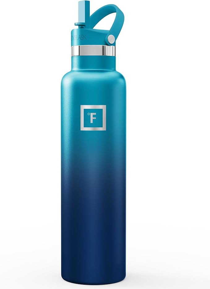 IRON °FLASK Camping & Hiking Hydration Flask with Straw, Narrow Mouth Insulated Stainless Steel Sports Water Bottle - Dark Night 24 oz - Straw (1 Lid)