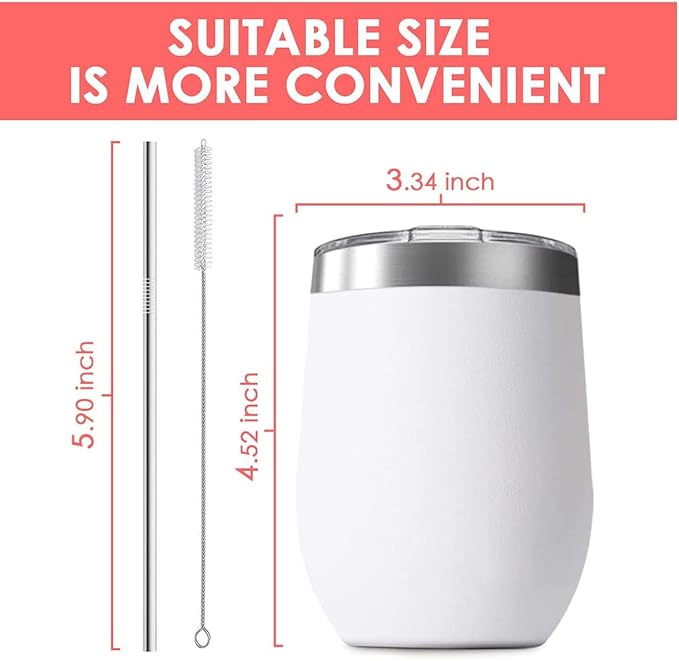 8 Pack 12 oz Stainless Steel Wine Tumbler with Lids, Double Wall Vacuum Insulated Travel Cup Including 8 Straws Set for Coffee, Cocktail, Drink, Tea and Beer (Assorted Colors)