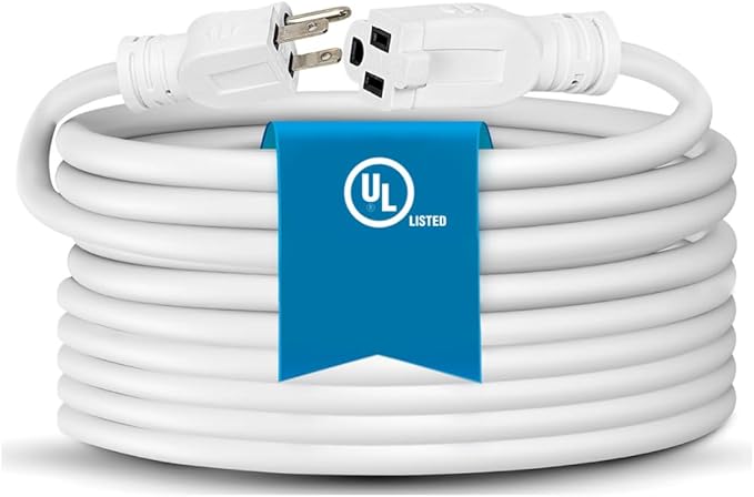Heavy Duty Extension Cord/Wire Power Cable, Indoor 16/3, Single Outlet, 3 Feet, UL Listed, White
