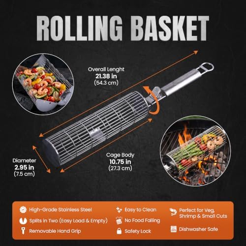 IGNAR Grill Basket Set for Outdoor Grill - Rolling Basket, Fish Basket & Draining Tray with 2 Removable Handles - Stainless Steel BBQ Grilling Accessories for Veggies, Shrimp & Meat - Image 5