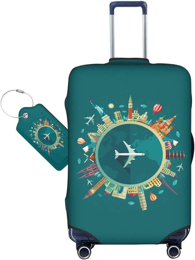 World Travel Luggage Covers and Luggage Tags Tsa Approved, Elastic Washable Fashionable Anti-Scratch Protector, Birthday Gifts for Men Women (M 22-25 Inch Luggage)