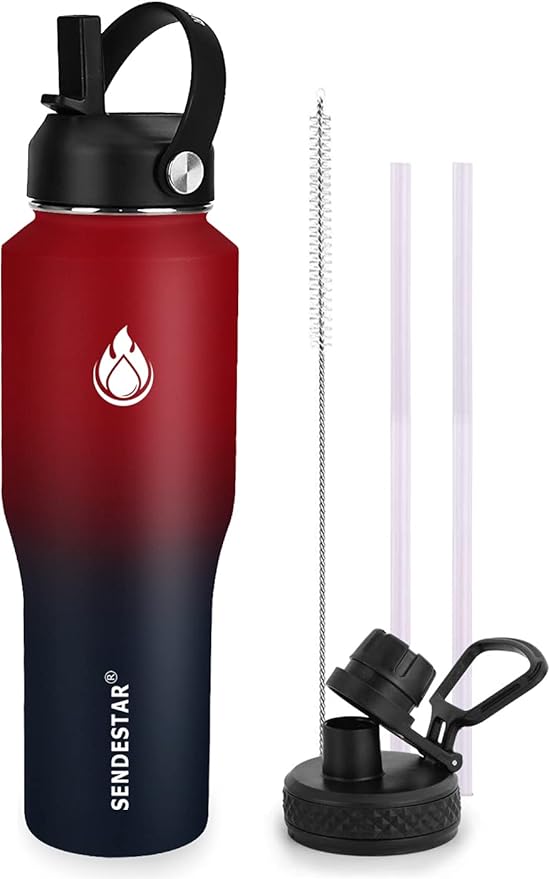 SENDESTAR 32oz Water Bottle Wide Mouth Stainless Steel Vacuum Insulated Double Wall with 2 Lids Fit in Any Car Cup Holder