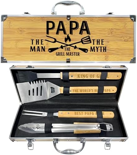 Papa Gifts from Grandkids, Gift for Papa Fathers Day Heavy Duty Wooden BBQ Grilling Accessories Kit for Backyard, Thick Stainless Steel Grill Utensils with Non-Slip Handle Tools in Portable Bag by Taesun
