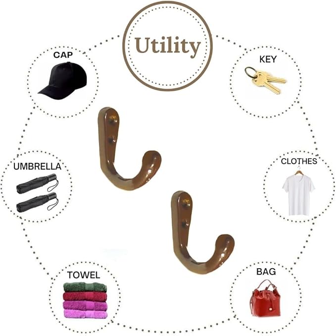 FAPBADRI Multipurpose Hooks, Used to Hang Clothes, Bags, Coats, Curtain Hold Backs, Keys, Colour - Brown, Material - Aluminium, Screws and Wallplugs Included, Pack of 10 Pieces