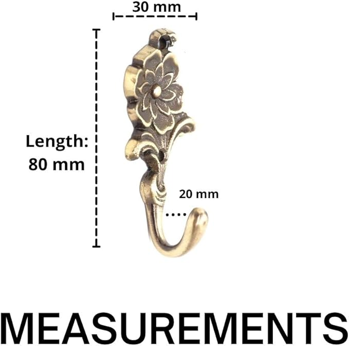 FAPBADRI Multipurpose Hooks, Used to Hang Clothes, Bags, Coats, Curtain Hold Backs, Keys, Colour - Antique Gold, Material - Brass, Flower Design, Screws and Wallplugs Included, Pack of 4 Pieces