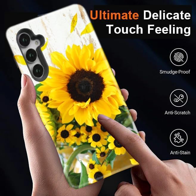 Compatible for Samsung Galaxy A36 5G Case, Dual Layer Heavy Duty 2 in 1 Shockproof Protective Phone Case,Wood Grain Sunflowers