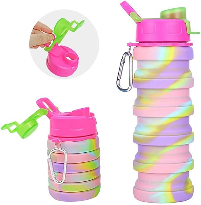 Collapsible Water Bottles 2 Pack Silicone Water Bottle with Carabiner Expandable Water Bottle 500ml Portable Sport Water Bottle for Travel Camping.(Black+Blue)