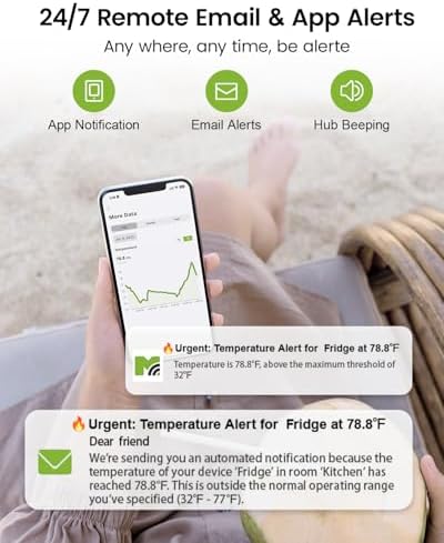 MOCREO WiFi Remote Thermometer Freezer Alarm, 1/3 Mile Long Range, with IP67 Waterproof Probe, App Email Alert, with Digital Monitor Hub, 2 Smart Temperature Sensors for Refrigerator, Hot Tub, RV - Image 4