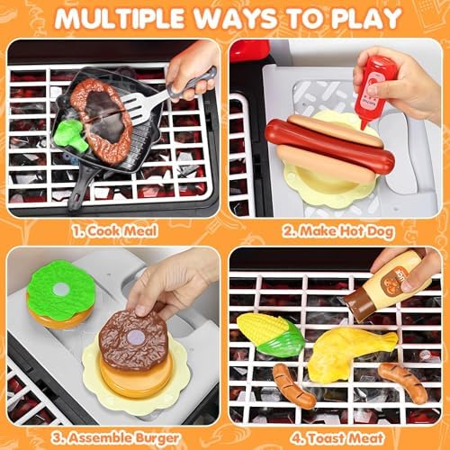 Kids Play Kitchen Toys, Kids BBQ Grill Playset with Smoke Sound Light, 2-Layer Barbecue Toy with Wheels, Outdoor Play Food Toys Cooking Set for Toddlers 3-5, Birthday for Boys Girls - Image 4
