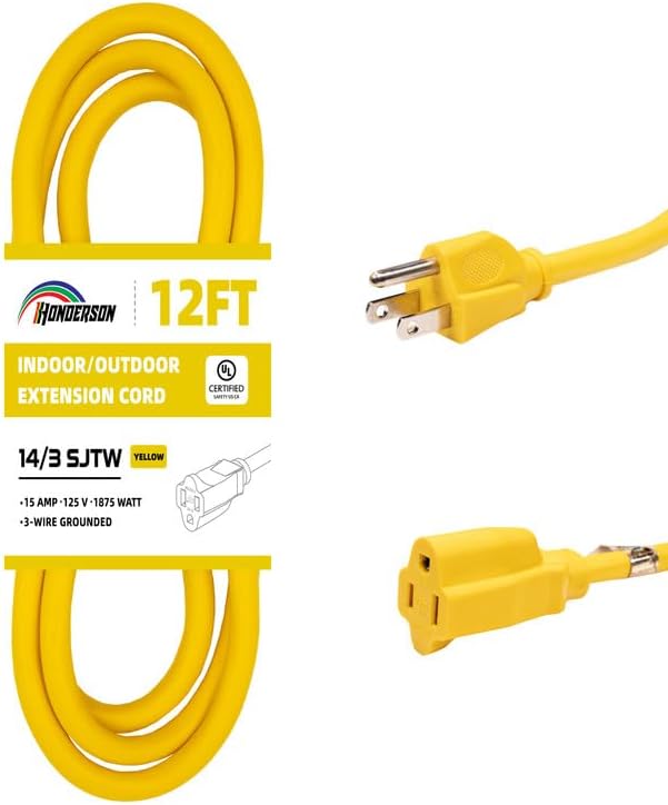 Indoor Outdoor Extension Cord Weatherproof, UL Certified, 14 Gauge 12FT Yellow 3 Prong Heavy Duty, 14/3 SJTW 15A Power Cord for Outdoor Lights, Appliances, Lawn