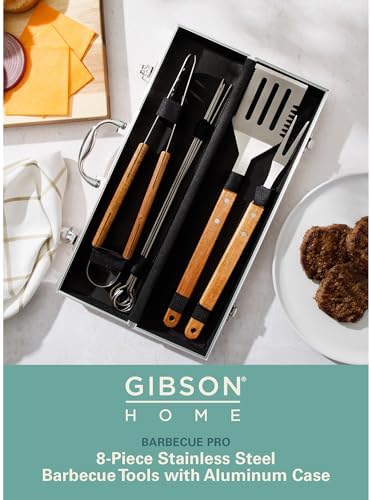 Gibson Home Barbeque Pro 8-Piece BBQ Tool Set with Acacia Wood Handles and Aluminum Storage Case – Grill Accessories Kit - Image 2