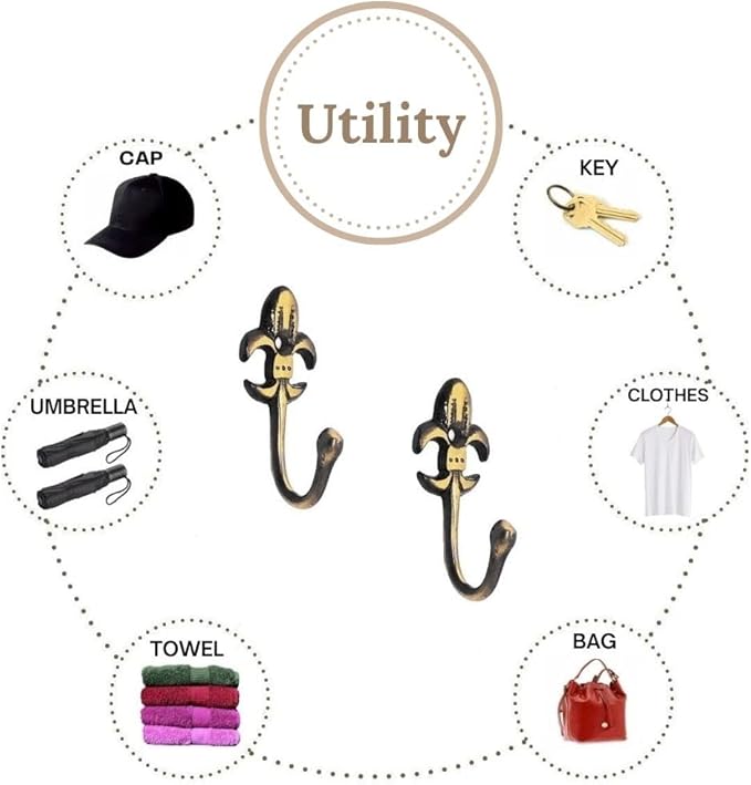 FAPBADRI Multipurpose Hooks, Used to Hang Clothes, Bags, Coats, Curtain Hold Backs, Keys, Colour - Antique Gold, Material - Brass, Royal Design, Screws and Wallplugs Included, Pack of 10 Pieces