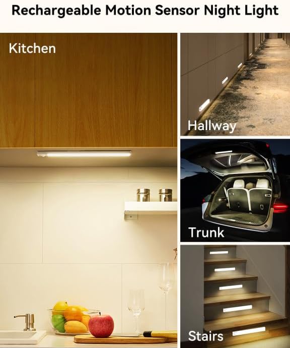 Rechargeable Under Cabinet Lighting 12 Inch 6-Pack, Motion Sensor Light Indoor 3 Color Temps, Dimmable Battery Operated Closet Lights, Wireless Under Counter Lights for Kitchen, Stairs