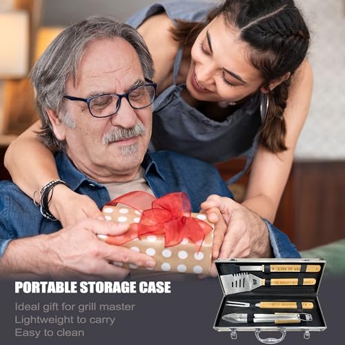 Grandpa Gifts from Grandkids Christmas, Grandpa Gift Heavy Duty Wooden BBQ Grilling Accessories Kit for Backyard, Thick Stainless Steel Grill Utensils with Non-Slip Handle Tools in Portable Bag - Image 6