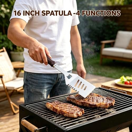 Grilling Accessories - 16 Inch Extra Long BBQ Accessories Grill Gifts for Men, Barbecue Grilling Tools Utensils Set with Spatula, Fork, Brush, Tongs, Thermometer - Image 2