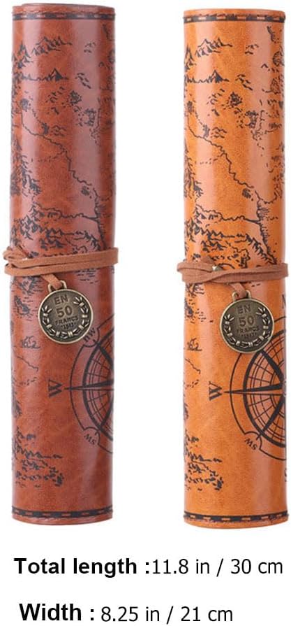 Cabilock Roll up Pencil Case Vintage Map Pu Leather Pencil Pouch Organizer for Artists Writers Travel School with Large Capacity and Secure Strap 2 Pack