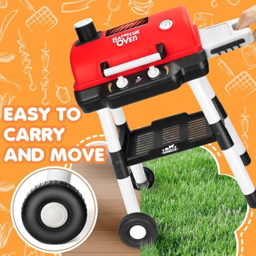 Kids Play Kitchen Toys, Kids BBQ Grill Playset with Smoke Sound Light, 2-Layer Barbecue Toy with Wheels, Outdoor Play Food Toys Cooking Set for Toddlers 3-5, Birthday for Boys Girls - Image 3