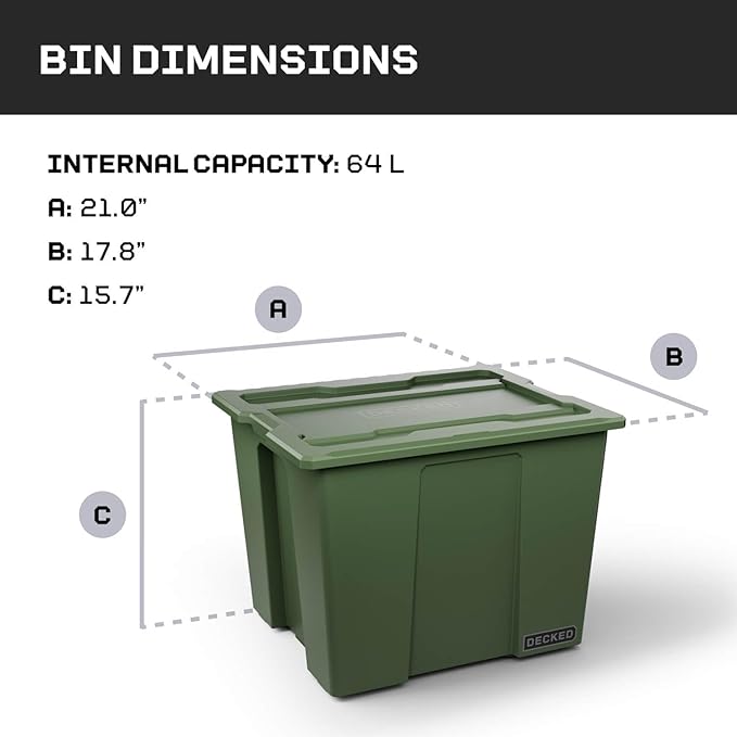 DECKED Payloader 64 L (3-Pack) - 200 lb Load Rated, Heavy-Duty Stackable Garage Storage Bins - Ranger Green