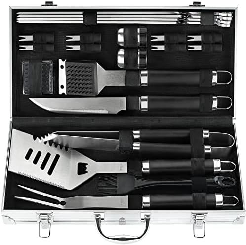 POLIGO 22PCS Heavy Duty BBQ Grill Accessories Set, Non-Slip Grill Tools for Outdoor Grill Set Stainless Steel Grill Utensils Set, Deluxe Grilling Tools Set in Aluminum Case Ideal Gifts for Men Black by POLIGO