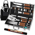 ROMANTICIST 26pcs Grilling Gifts for Men, Dad Gifts for Father's Day, Stainless Steel BBQ Grill Accessories Tools Set, Heavy Duty BBQ Utensils Kit with Apron, Thermometer, Mats in Aluminum Case Brown by ROMANTICIST