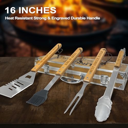 Uncle Gifts, Uncle Gift from Niece Christmas Heavy Duty Wooden BBQ Grilling Accessories Kit for Backyard, Thick Stainless Steel Grill Utensils with Non-Slip Handle Tools in Portable Bag Father's Day - Image 4