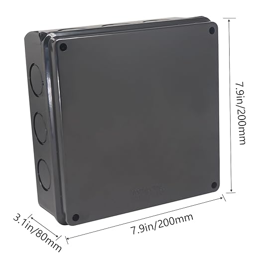 Junction Box, Reserved Holes Electrical Boxes Waterproof IP65 ABS Plastic Electrical Power Cord Enclosure Project Box Black 7.9 x 7.9 x 3.1 inch(200x200x80mm)