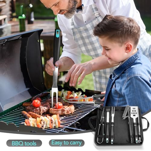 5-Piece Grill Tools Set, Heavy Duty BBQ Utensils with Extra Tough Wire Brush, Spatula, Tongs, Fork & Basting Brush – Outdoor Grilling Accessories & Gifts for Men Dad (Camping, Backyard) - Image 5