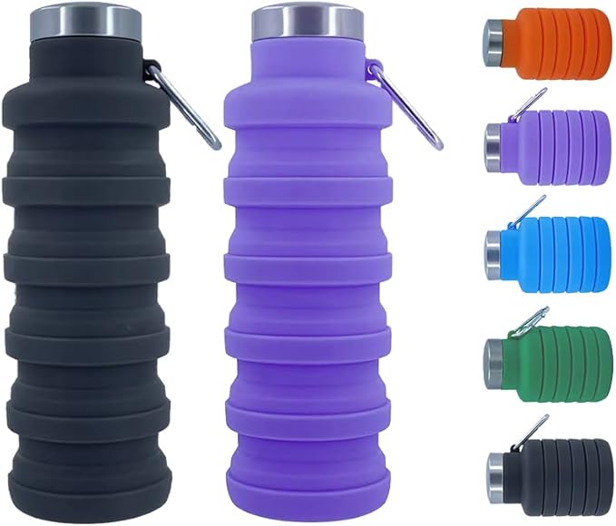 Collapsible Water Bottles，2 pack BPA Free Travel Silicone Water Bottle with Carabiner，17oz Reusable Foldable Lightweight Portable Sports Water Bottle for Travel Gym Camping Hiking